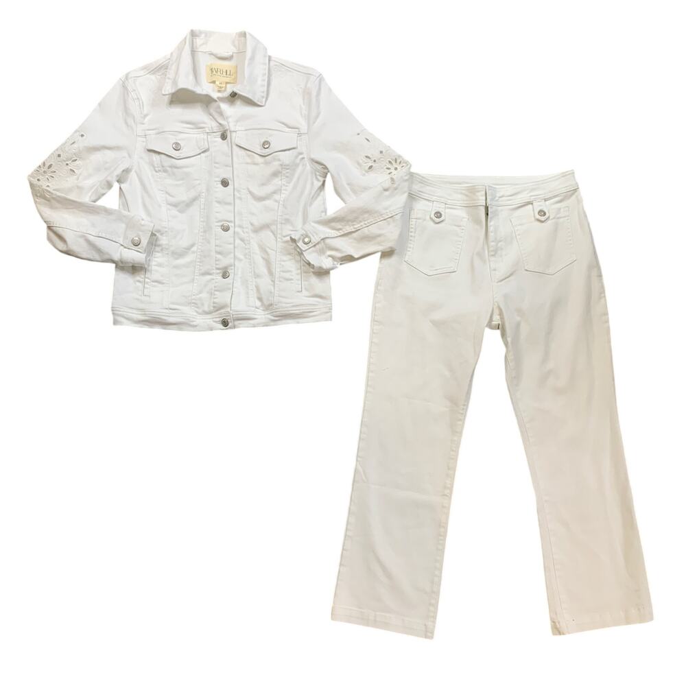 TWRHLL Christie Brinkley Jacket Pant Womens XS/6 White Eyelet Embroidered Denim